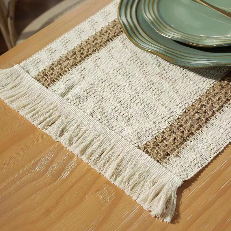 Hemp rope woven belt tassel drainage shrinkproof soft wrinkle resistant kitchen decorative cloth tablecloth（Double  coffee）