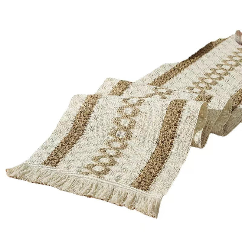 Hemp rope woven belt tassel drainage shrinkproof soft wrinkle resistant kitchen decorative cloth tablecloth（Three  coffee）