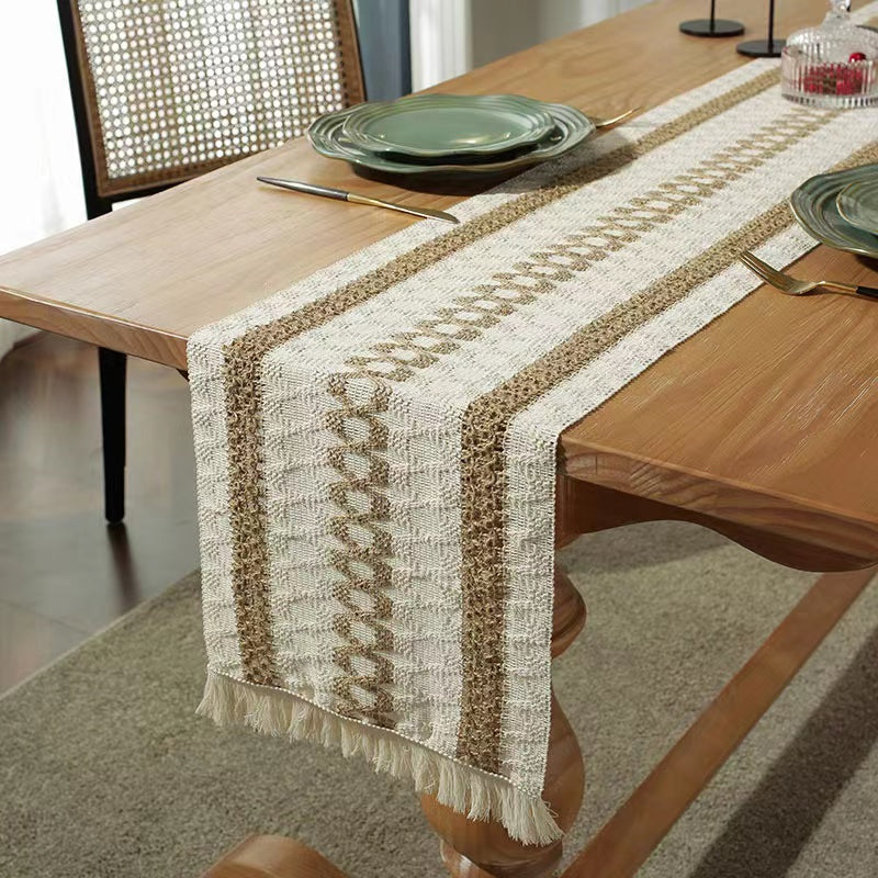 Hemp rope woven belt tassel drainage shrinkproof soft wrinkle resistant kitchen decorative cloth tablecloth（Three  coffee）