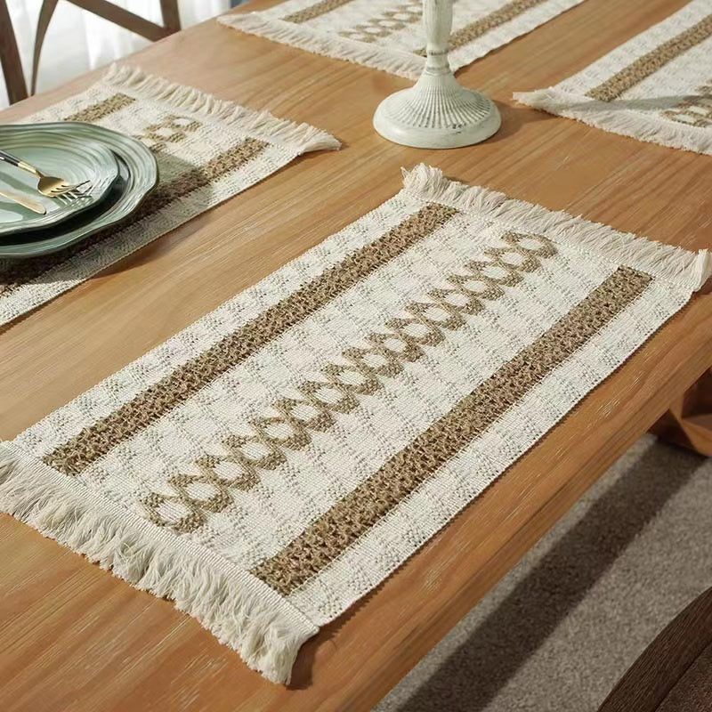 Hemp rope woven belt tassel drainage shrinkproof soft wrinkle resistant kitchen decorative cloth tablecloth（Three  coffee）