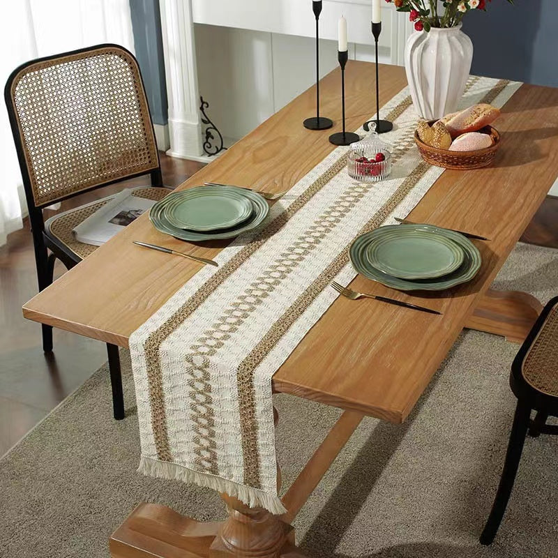 Hemp rope woven belt tassel drainage shrinkproof soft wrinkle resistant kitchen decorative cloth tablecloth（Three  coffee）