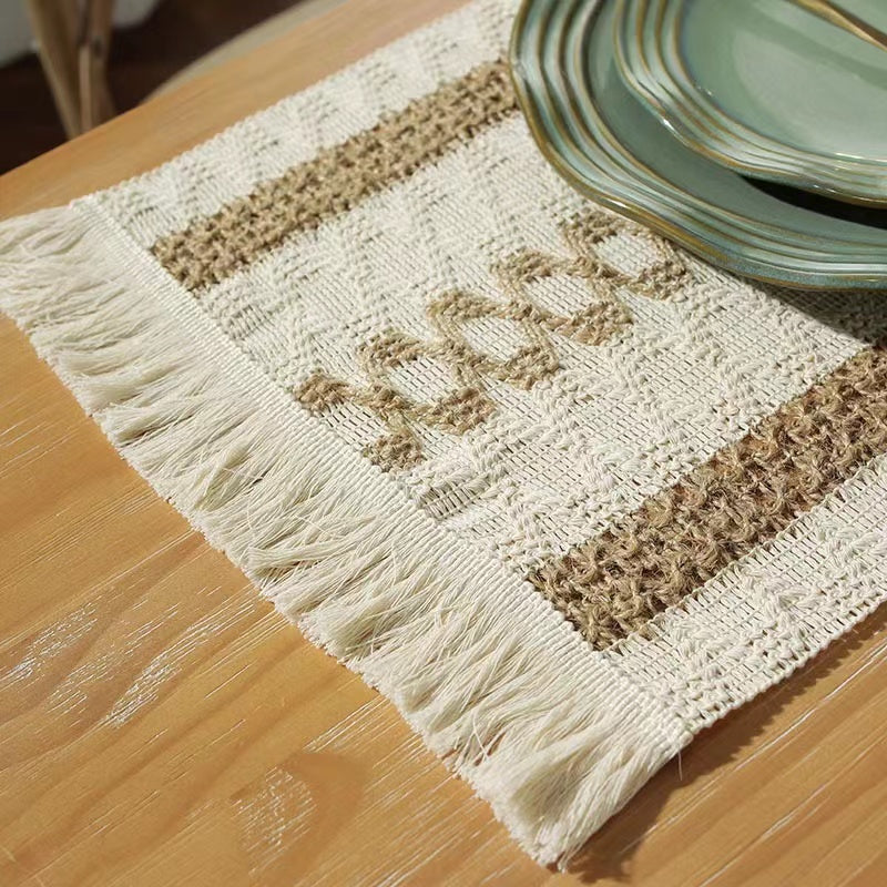 Hemp rope woven belt tassel drainage shrinkproof soft wrinkle resistant kitchen decorative cloth tablecloth（Three  coffee）