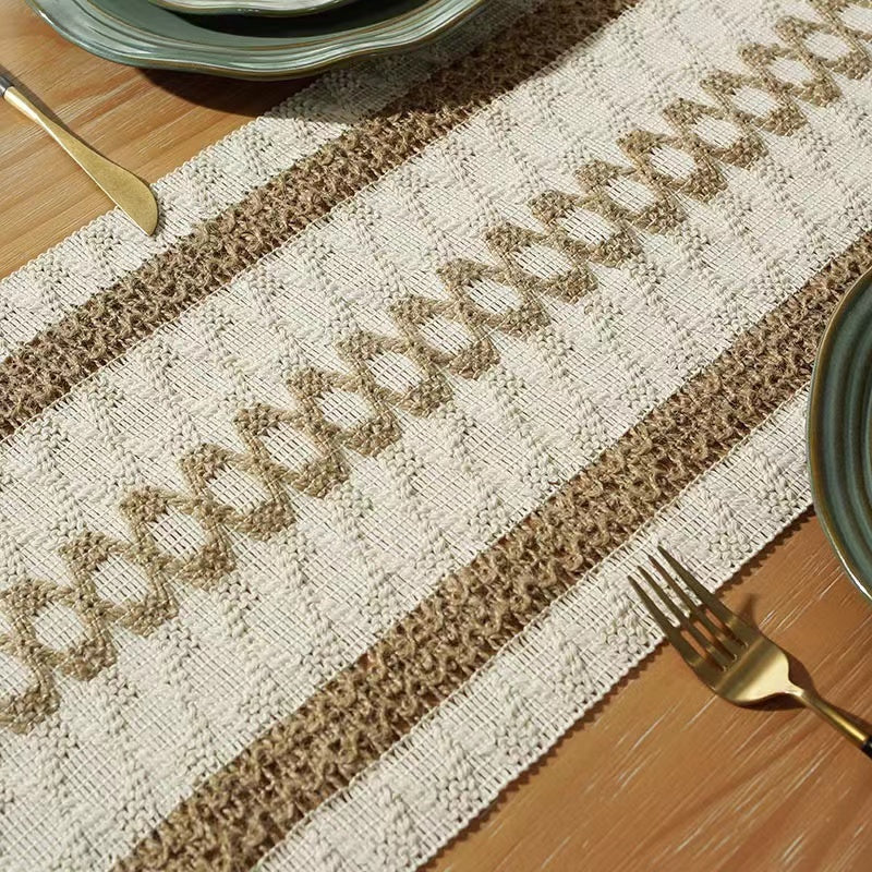 Hemp rope woven belt tassel drainage shrinkproof soft wrinkle resistant kitchen decorative cloth tablecloth（Three  coffee）