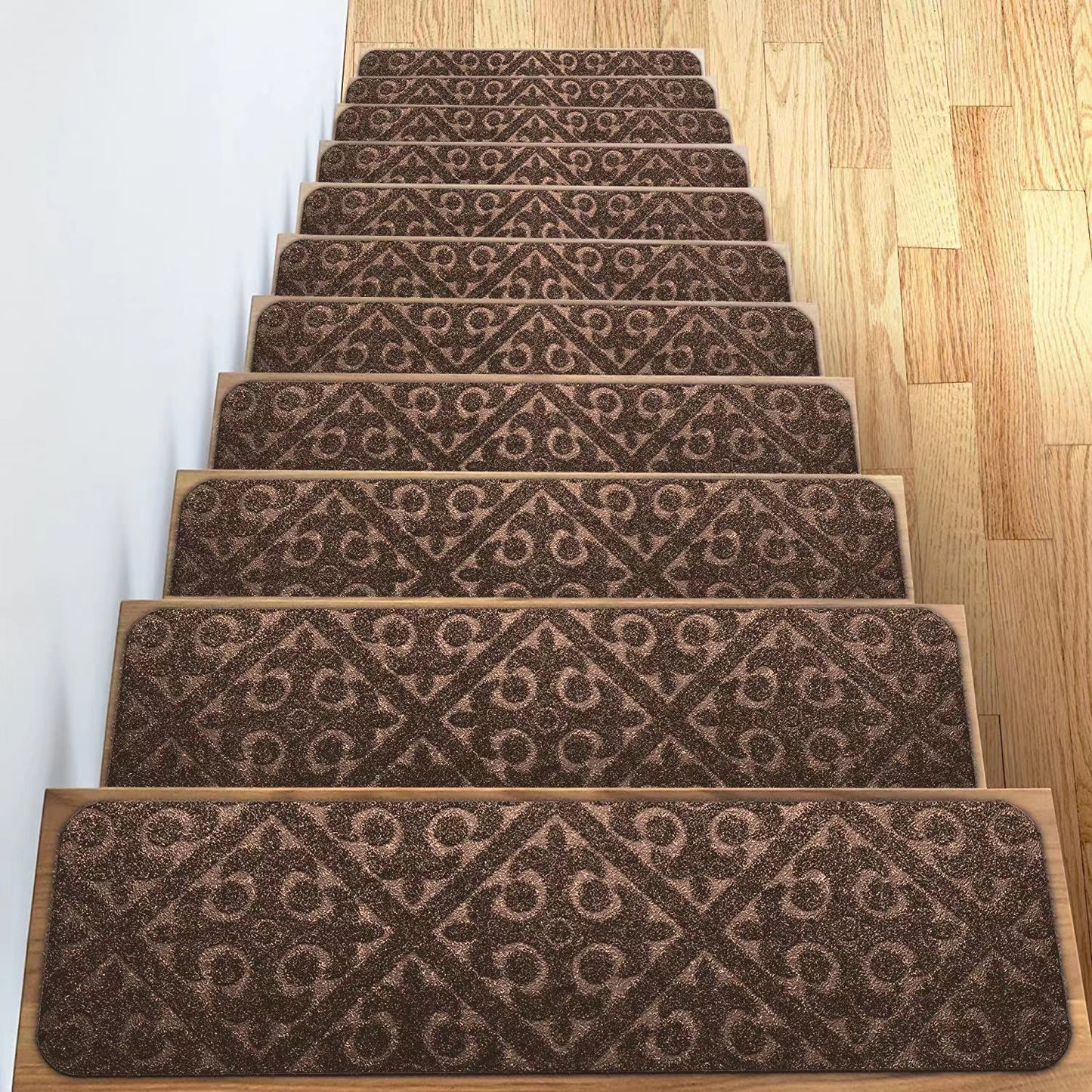 Stair Treads Carpet Non-Slip Indoor Stair Runners for Wooden Steps, Stair Rugs for Kids and Dogs, Set of 15, 8" X 30",Embossing Brown