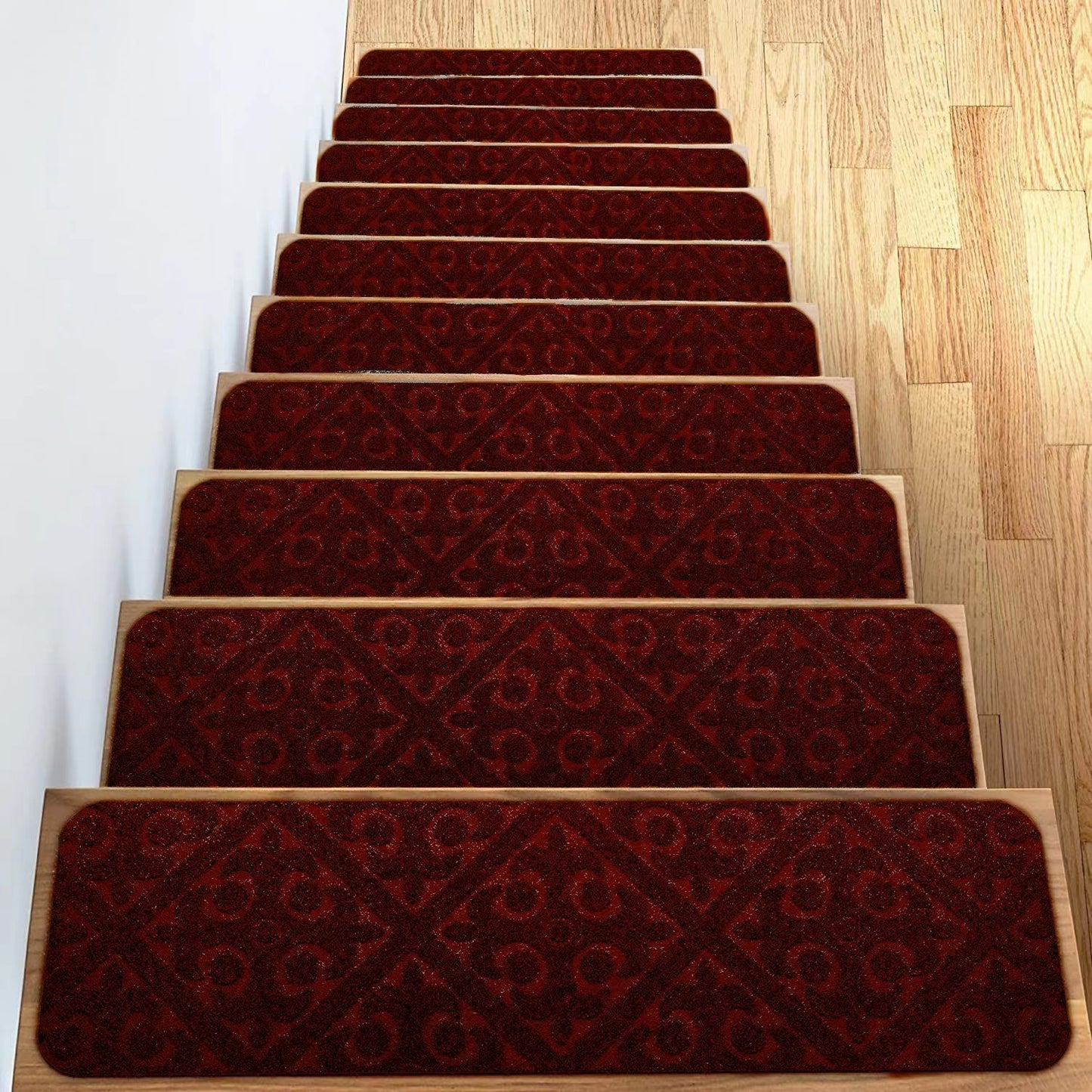 Stair Treads Carpet Non-Slip Indoor Stair Runners for Wooden Steps, Stair Rugs for Kids and Dogs, Set of 15, 8" X 30",Embossing Burgundy