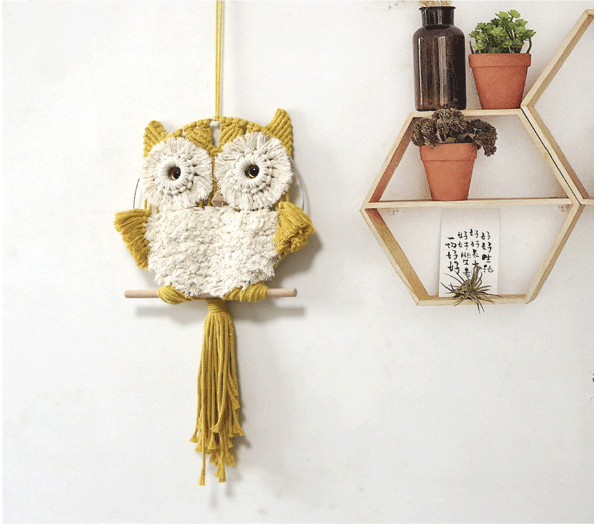 Wall Hanging Decor, Geometric Woven Tapestry Rack,Chic Cotton Handmade Bohemian Art（YELLOW OWL）