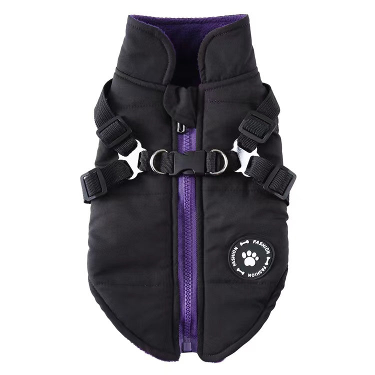 Winter Dog Coat with Integrated Harness No Pull Cold Weather Waterproof Warm Fleece Back Zipper for Small & Medium Dog-Black