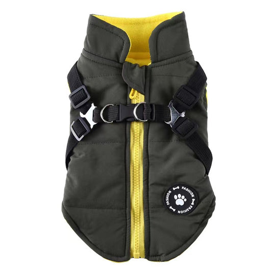 Winter Dog Coat with Integrated Harness No Pull Cold Weather Waterproof Warm Fleece Back Zipper for Small & Medium Dog-Green