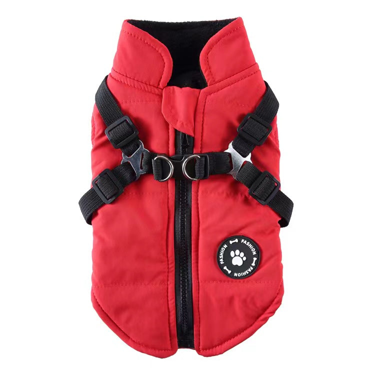 Winter Dog Coat with Integrated Harness No Pull Cold Weather Waterproof Warm Fleece Back Zipper for Small & Medium Dog-Red