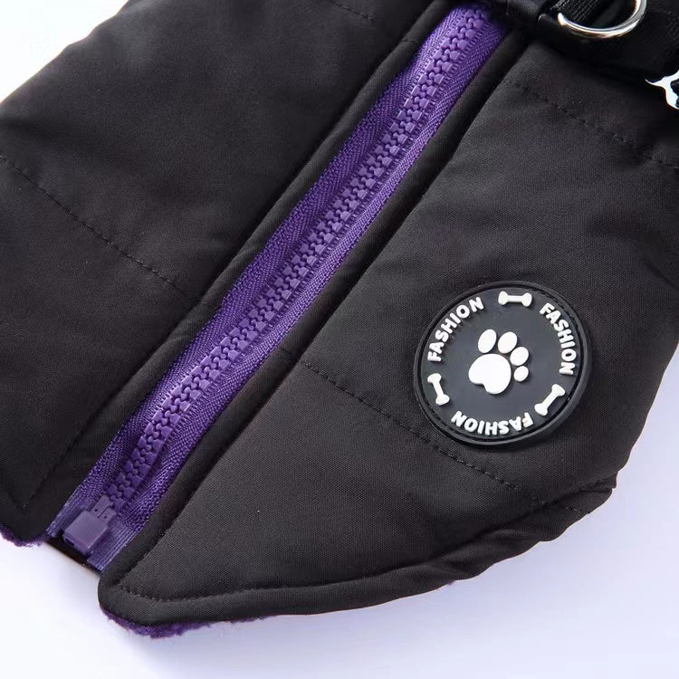 Winter Dog Coat with Integrated Harness No Pull Cold Weather Waterproof Warm Fleece Back Zipper for Small & Medium Dog-Black