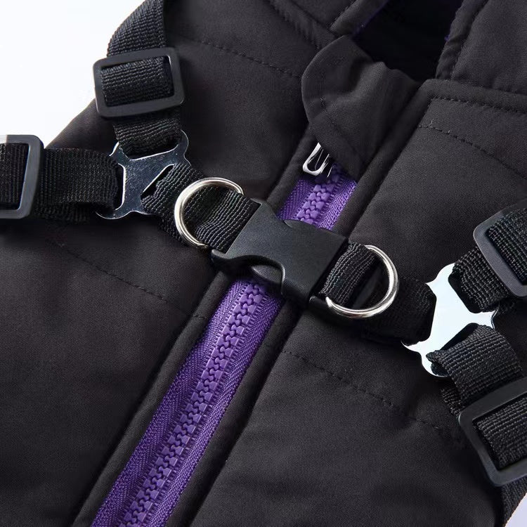 Winter Dog Coat with Integrated Harness No Pull Cold Weather Waterproof Warm Fleece Back Zipper for Small & Medium Dog-Black