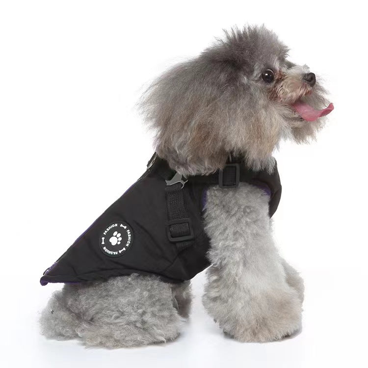 Winter Dog Coat with Integrated Harness No Pull Cold Weather Waterproof Warm Fleece Back Zipper for Small & Medium Dog-Black