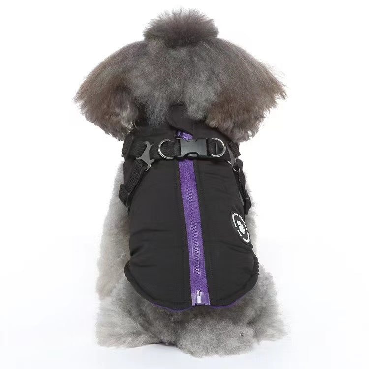 Winter Dog Coat with Integrated Harness No Pull Cold Weather Waterproof Warm Fleece Back Zipper for Small & Medium Dog-Black