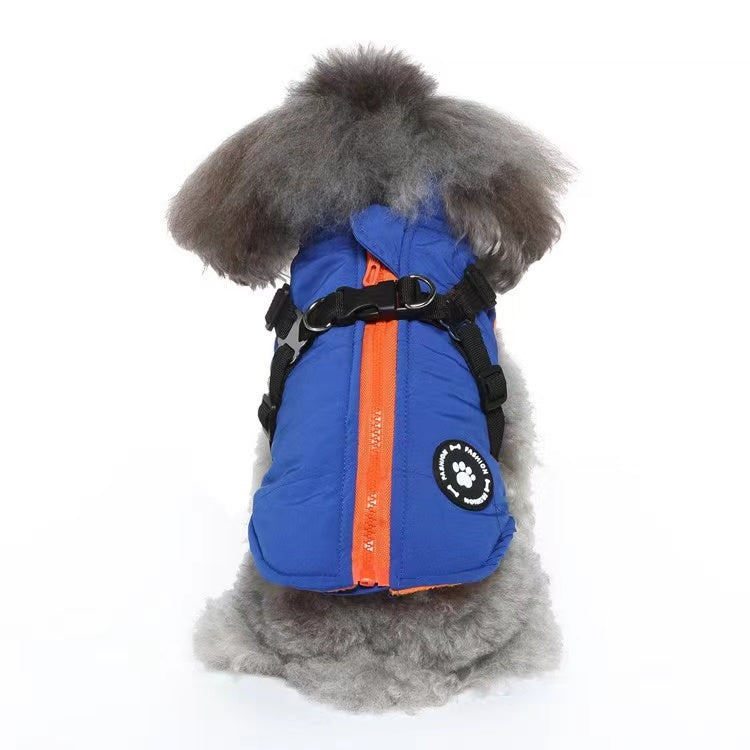 Winter Dog Coat with Integrated Harness No Pull Cold Weather Waterproof Warm Fleece Back Zipper for Small & Medium Dog-Blue