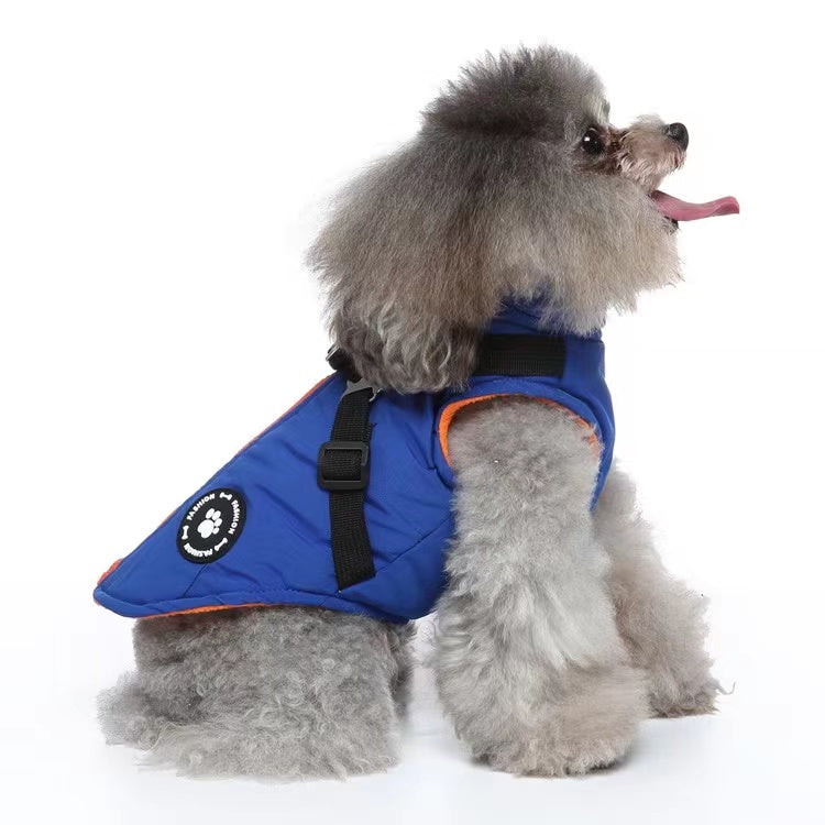 Winter Dog Coat with Integrated Harness No Pull Cold Weather Waterproof Warm Fleece Back Zipper for Small & Medium Dog-Blue