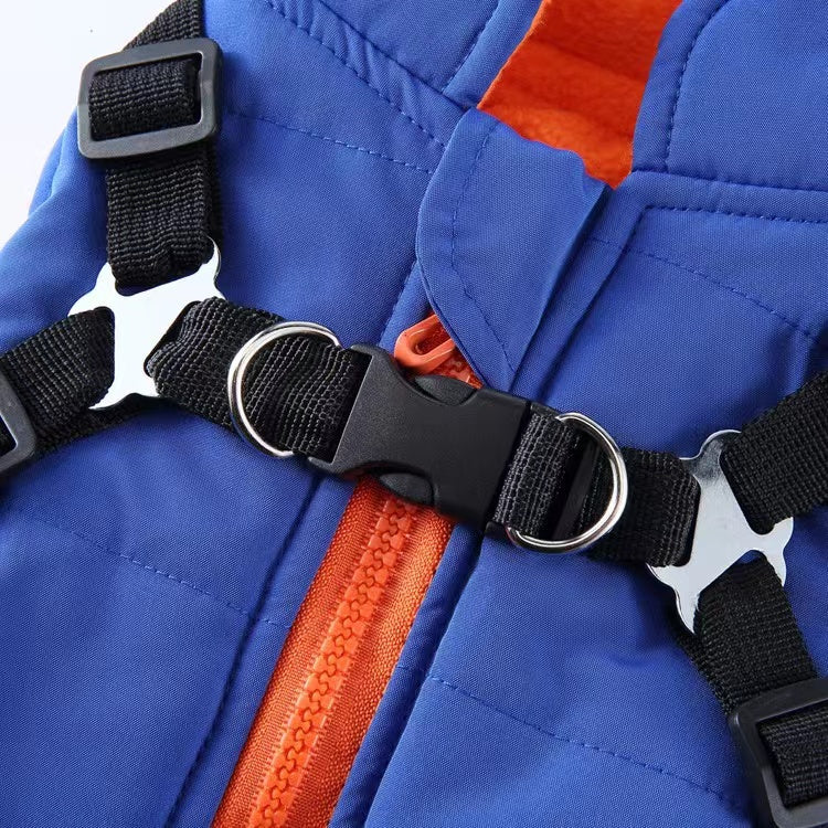 Winter Dog Coat with Integrated Harness No Pull Cold Weather Waterproof Warm Fleece Back Zipper for Small & Medium Dog-Blue