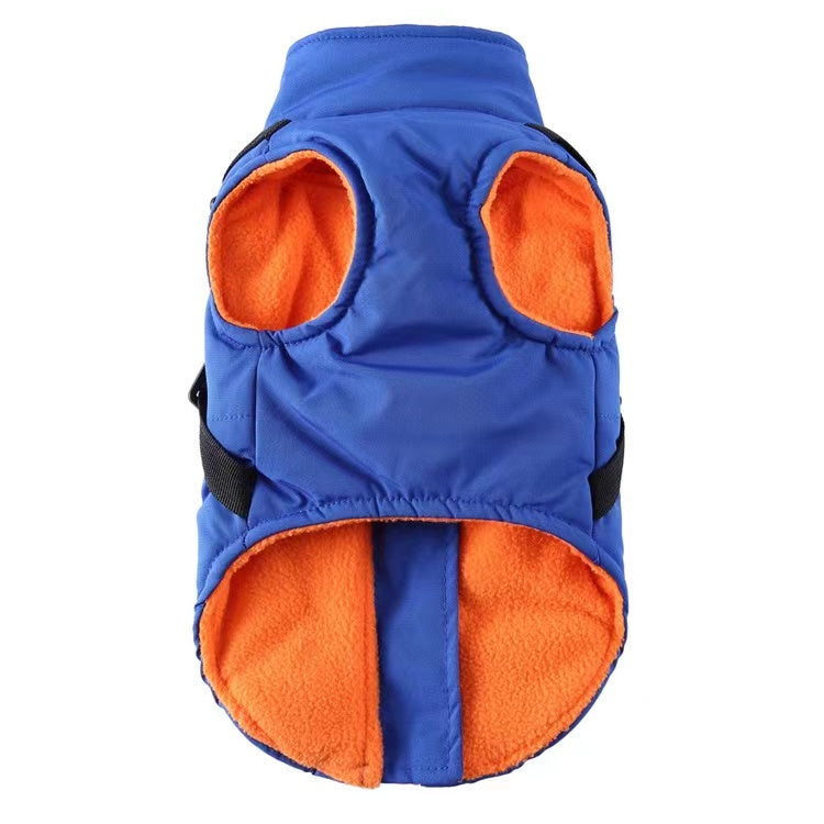 Winter Dog Coat with Integrated Harness No Pull Cold Weather Waterproof Warm Fleece Back Zipper for Small & Medium Dog-Blue