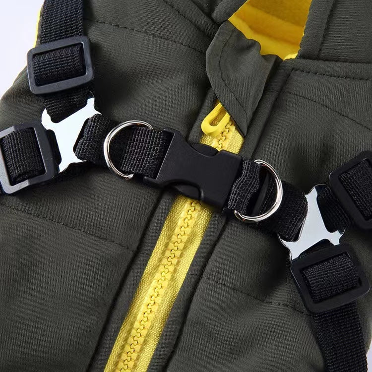 Winter Dog Coat with Integrated Harness No Pull Cold Weather Waterproof Warm Fleece Back Zipper for Small & Medium Dog-Green