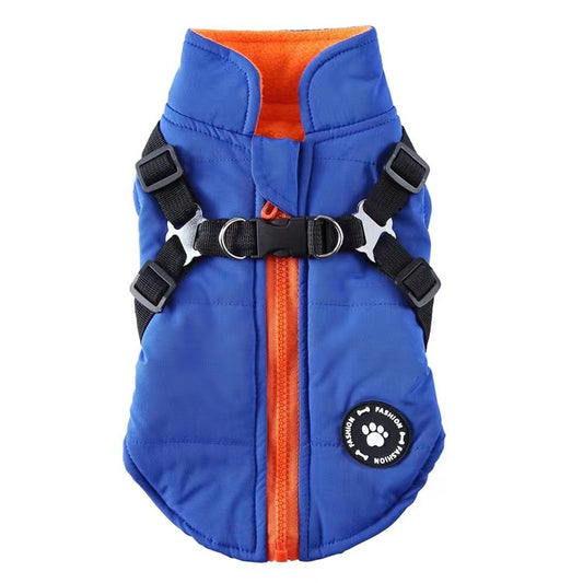 Winter Dog Coat with Integrated Harness No Pull Cold Weather Waterproof Warm Fleece Back Zipper for Small & Medium Dog-Blue