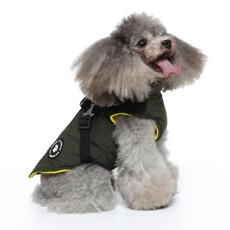 Winter Dog Coat with Integrated Harness No Pull Cold Weather Waterproof Warm Fleece Back Zipper for Small & Medium Dog-Green