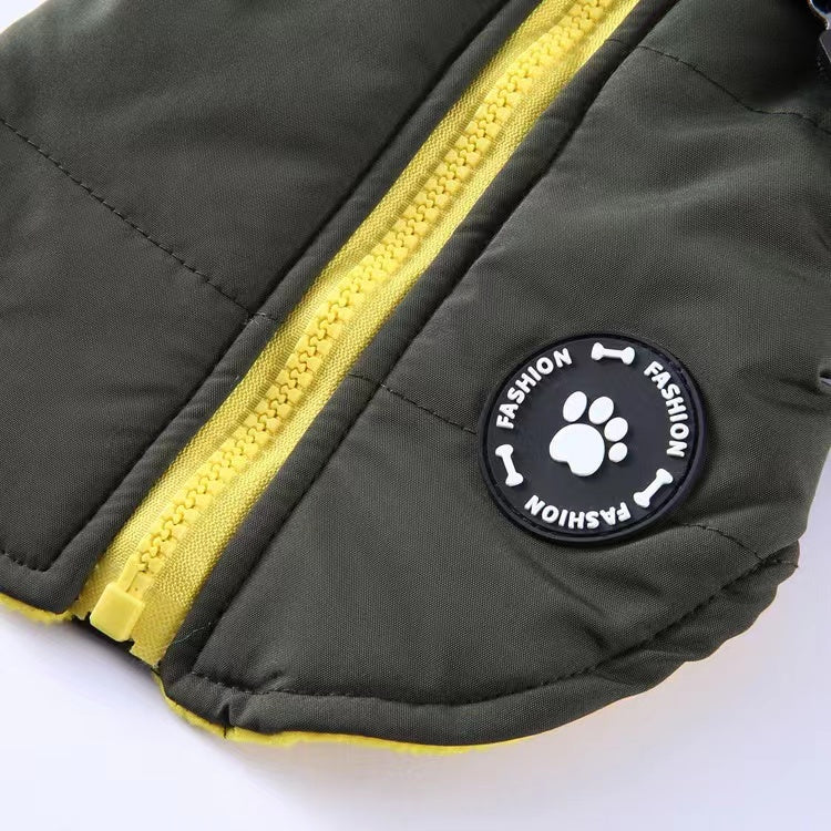 Winter Dog Coat with Integrated Harness No Pull Cold Weather Waterproof Warm Fleece Back Zipper for Small & Medium Dog-Green