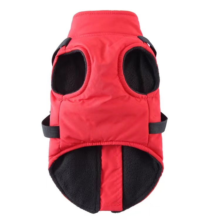 Winter Dog Coat with Integrated Harness No Pull Cold Weather Waterproof Warm Fleece Back Zipper for Small & Medium Dog-Red