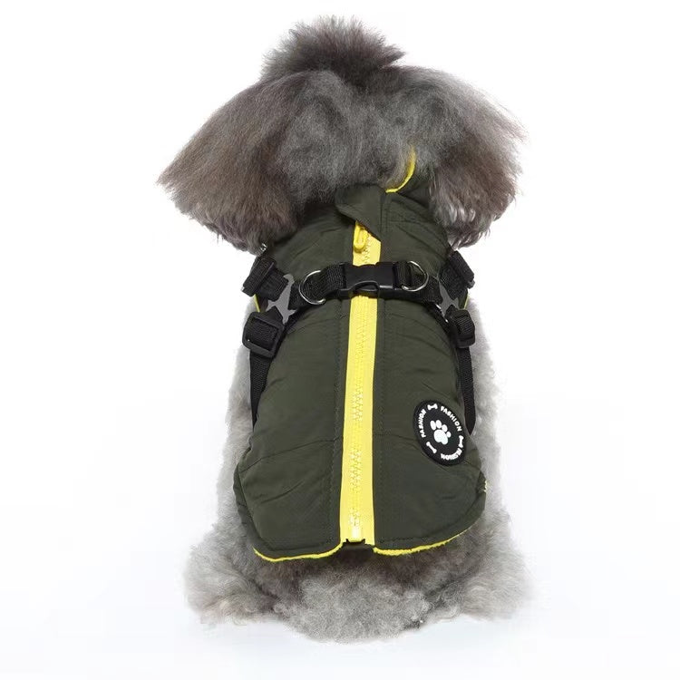 Winter Dog Coat with Integrated Harness No Pull Cold Weather Waterproof Warm Fleece Back Zipper for Small & Medium Dog-Green