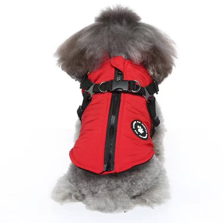 Winter Dog Coat with Integrated Harness No Pull Cold Weather Waterproof Warm Fleece Back Zipper for Small & Medium Dog-Red