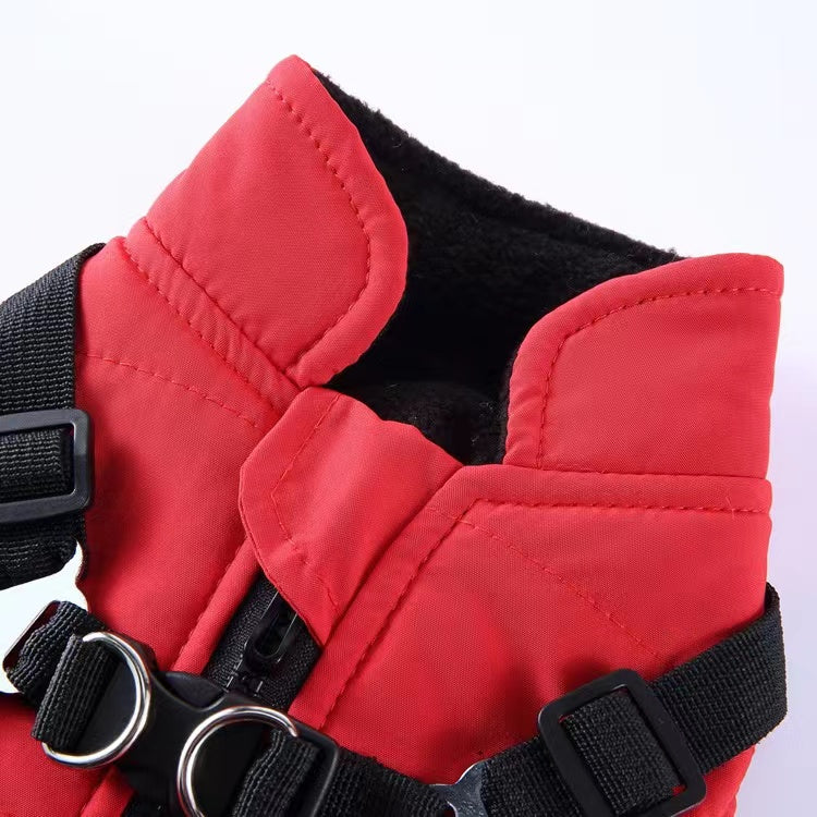 Winter Dog Coat with Integrated Harness No Pull Cold Weather Waterproof Warm Fleece Back Zipper for Small & Medium Dog-Red