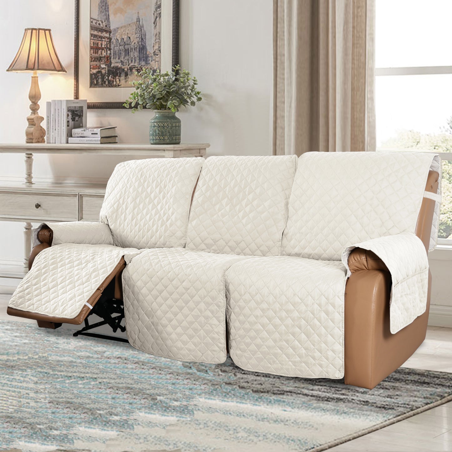 Recliner Sofa Cover with Pocket, Slipcovers Reversible Washable Elastic Adjustable Strap for home(3 Seater,Ivory White）