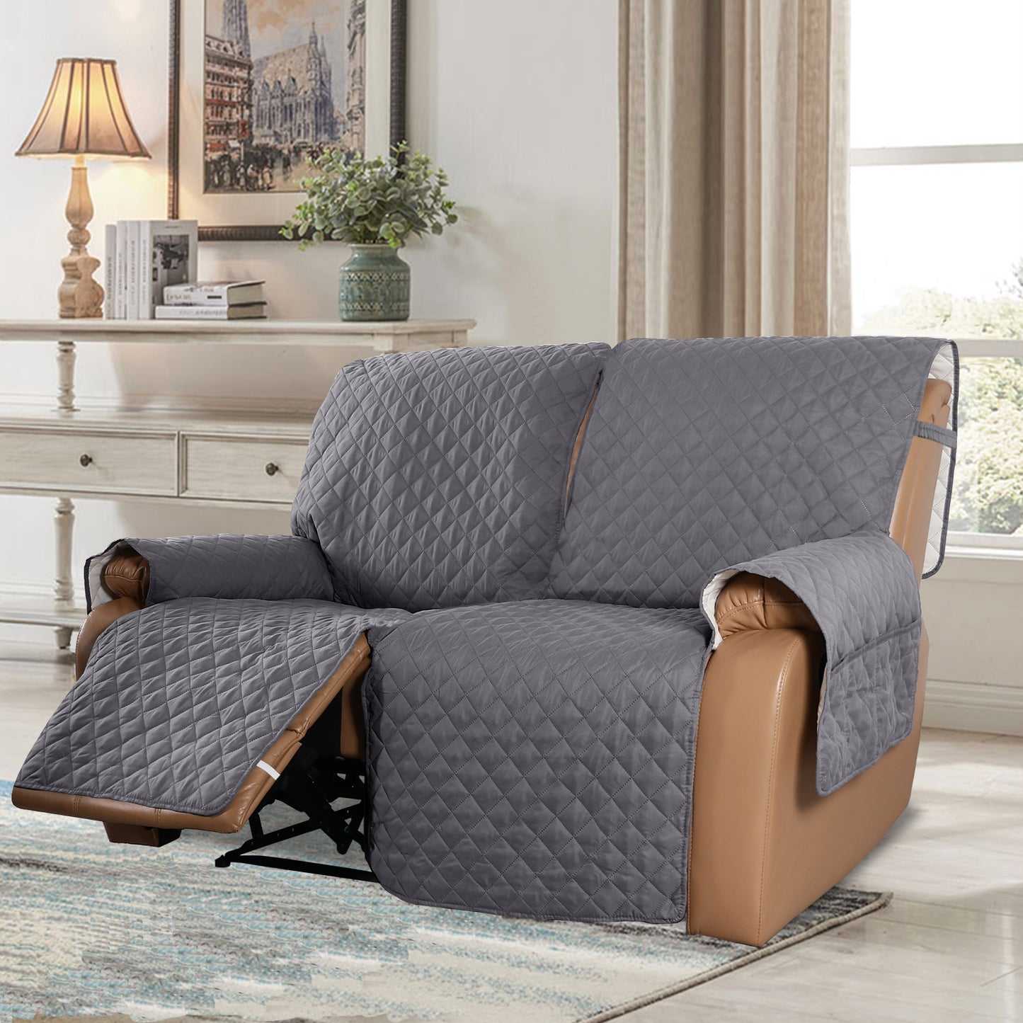Recliner Sofa Cover with Pocket, Slipcovers Reversible Washable Elastic Adjustable Strap for home(2 Seater,Grey)