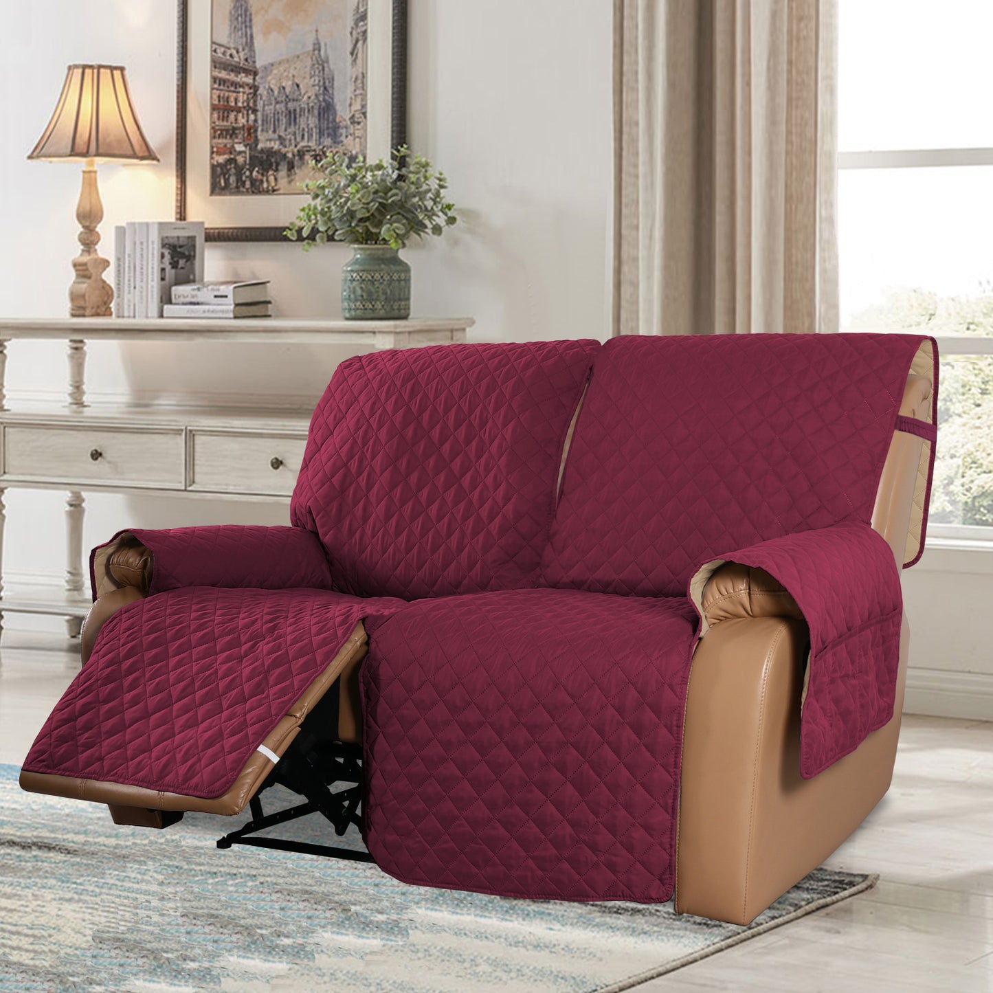 Recliner Sofa Cover with Pocket, Slipcovers Reversible Washable Elastic Adjustable Strap for home(2 Seater,Red)