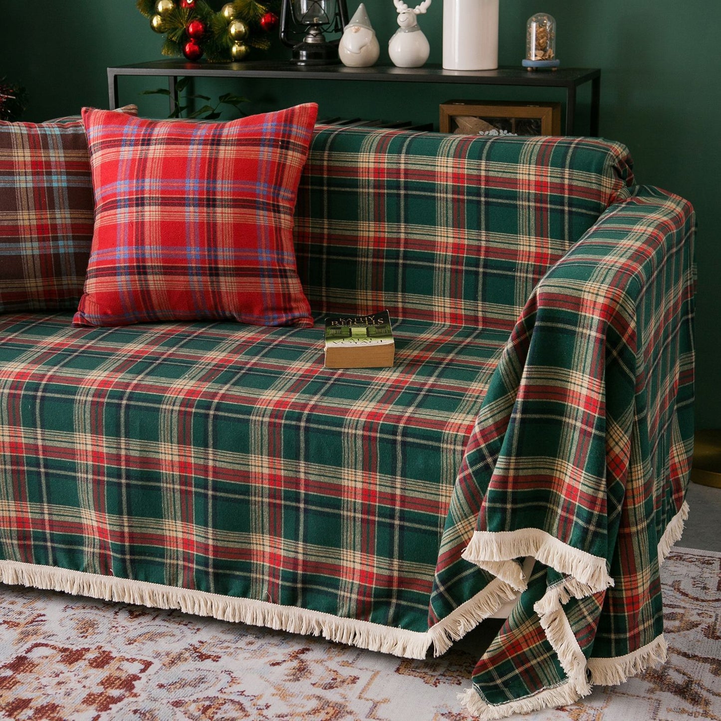 Couch Cover  Green Retro Plaid Slipcovers for  Sofa Throw Cover for 1/2/3 Seater Cushion Couch Sofa  Covers
