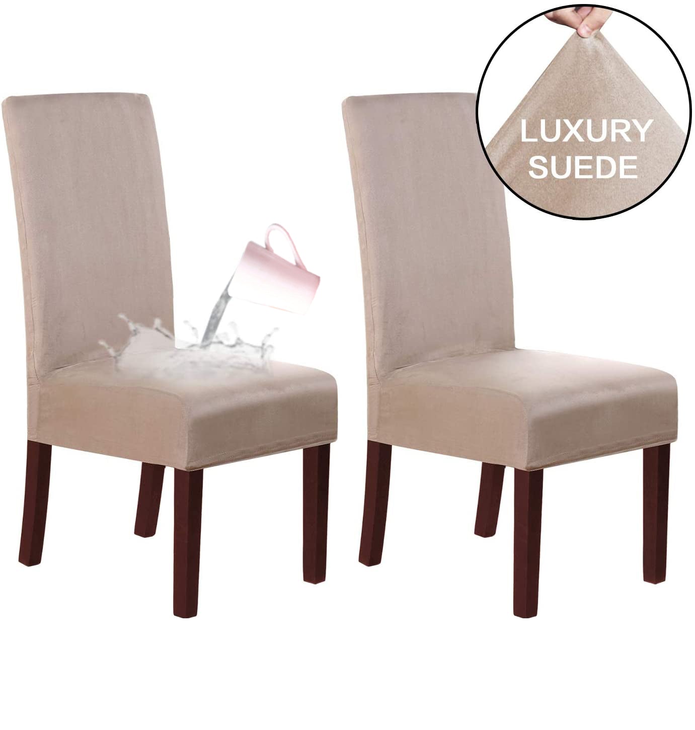 Waterproof Suede Chair Covers Stretch Chair Covers for Dining Room Set of 2/4/6/8 Parson Chair Slipcovers Chair Protectors Covers Dining, Khaki