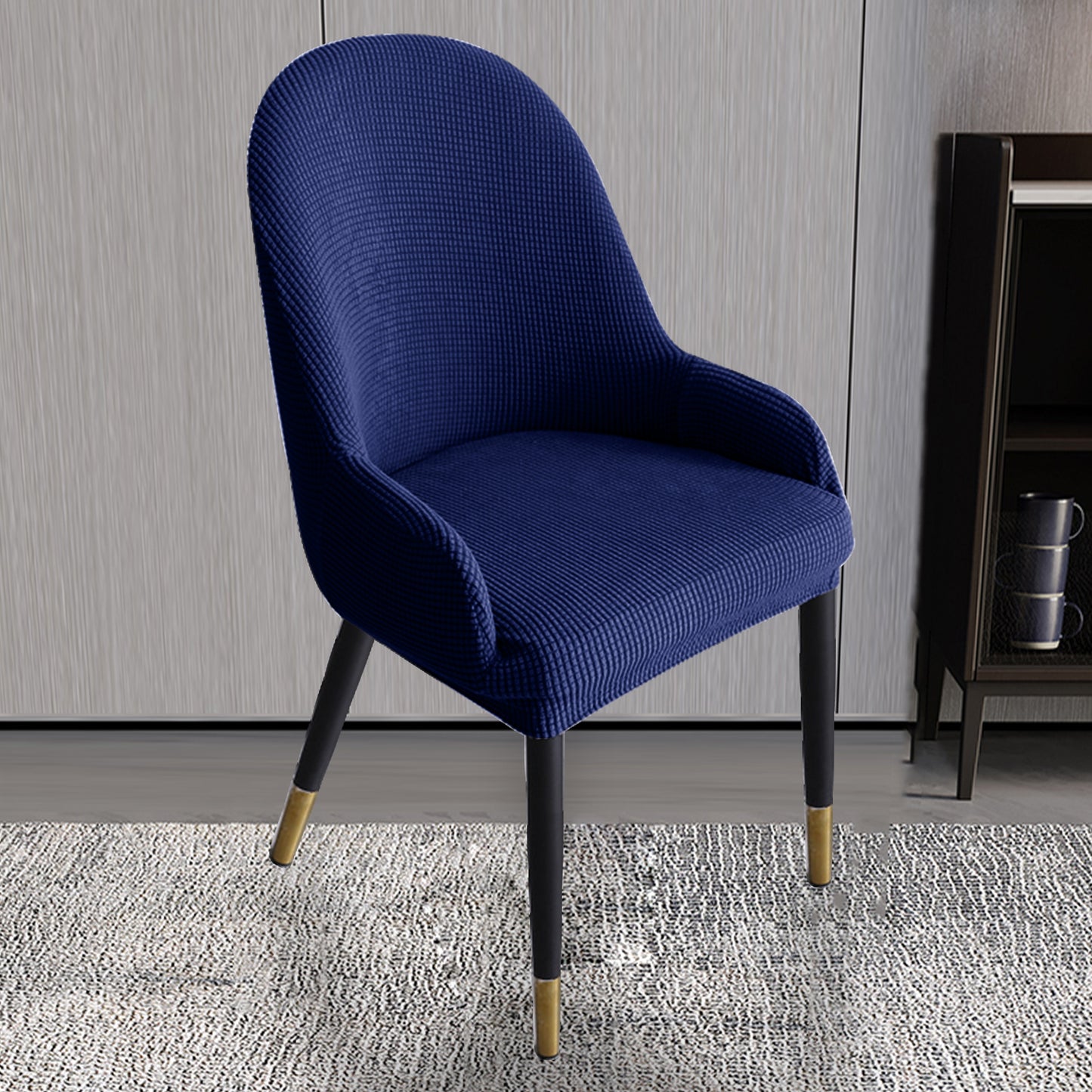 Dining Room Chair Pineapple Elastic Simple Semicircular Handrail Kitchen Chair Covers Protectors,Set of 2/4/6/8 (Navy)