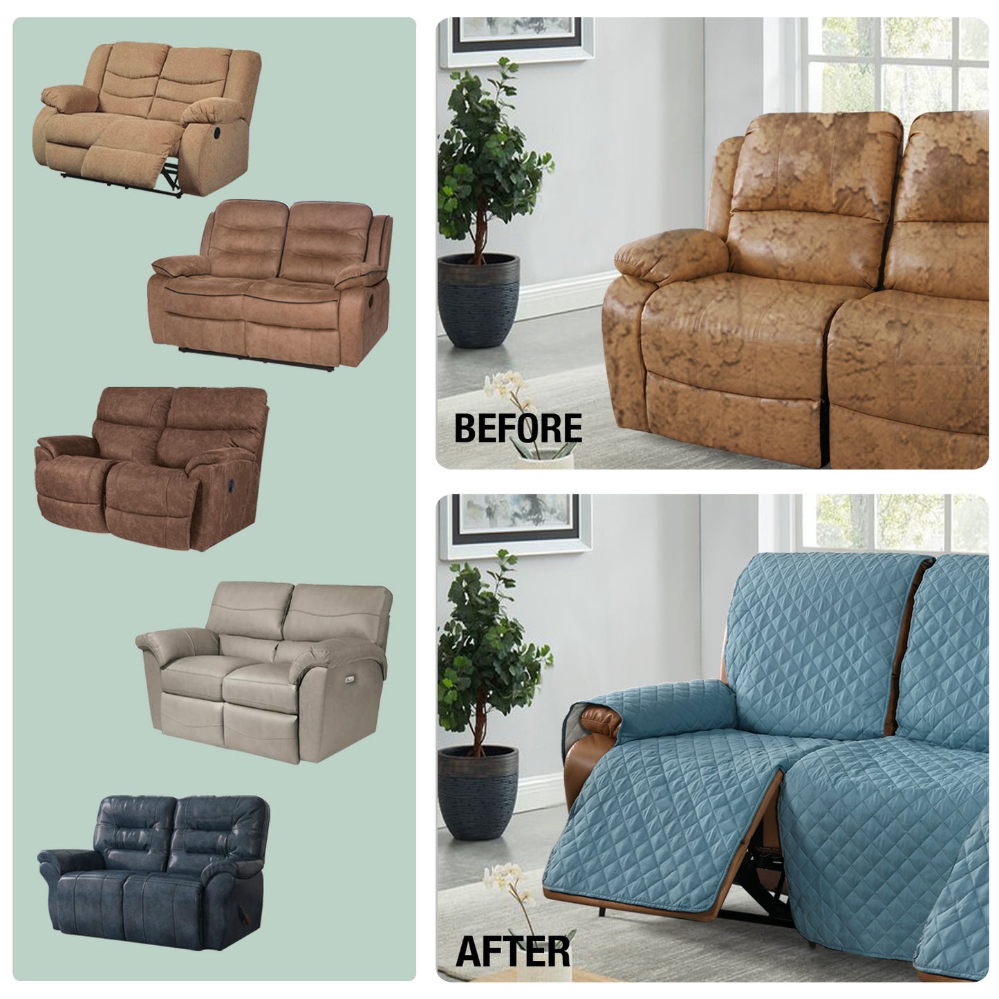 Recliner Sofa Cover with Pocket, Slipcovers Reversible Washable Elastic Adjustable Strap for home(2 Seater,Gray Blue)