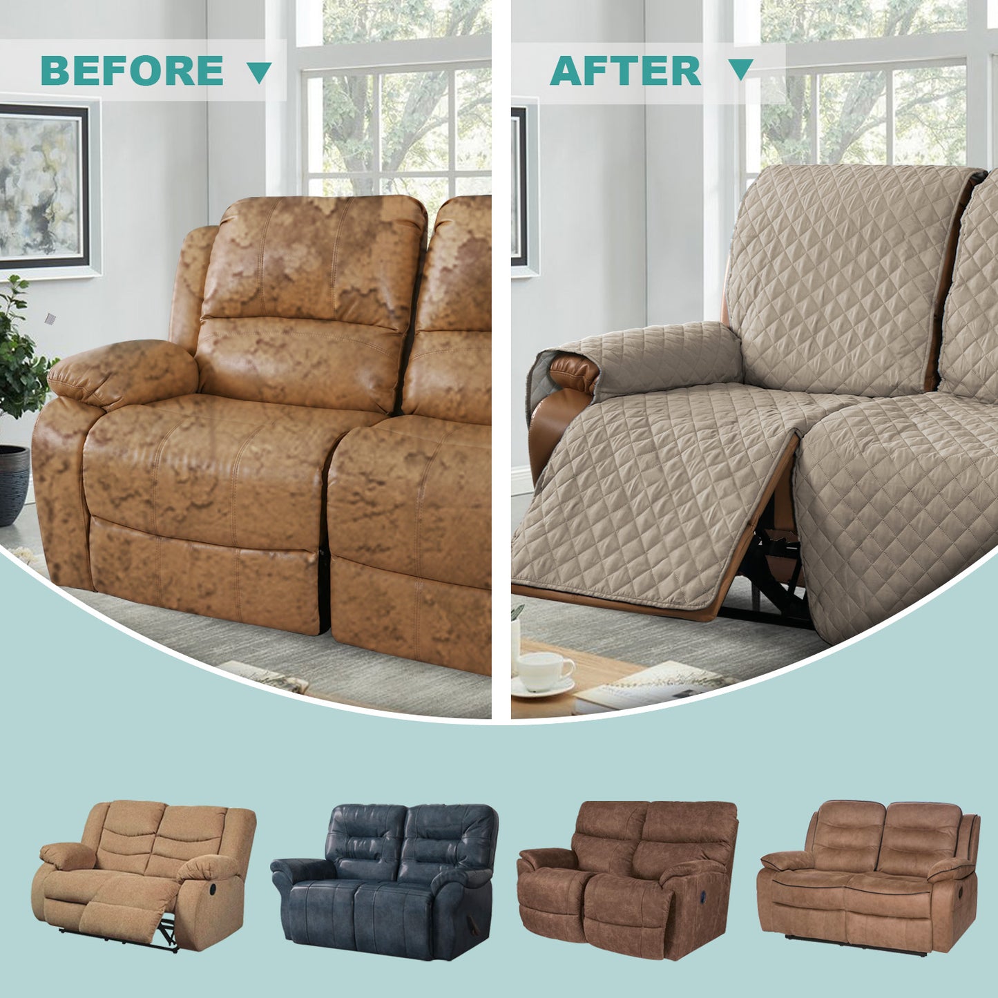 Recliner Sofa Cover with Pocket, Slipcovers Reversible Washable Elastic Adjustable Strap for home(2 Seater ,Sand)