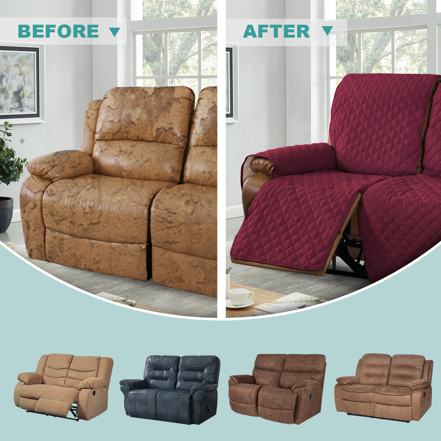Recliner Sofa Cover with Pocket, Slipcovers Reversible Washable Elastic Adjustable Strap for home(2 Seater,Red)