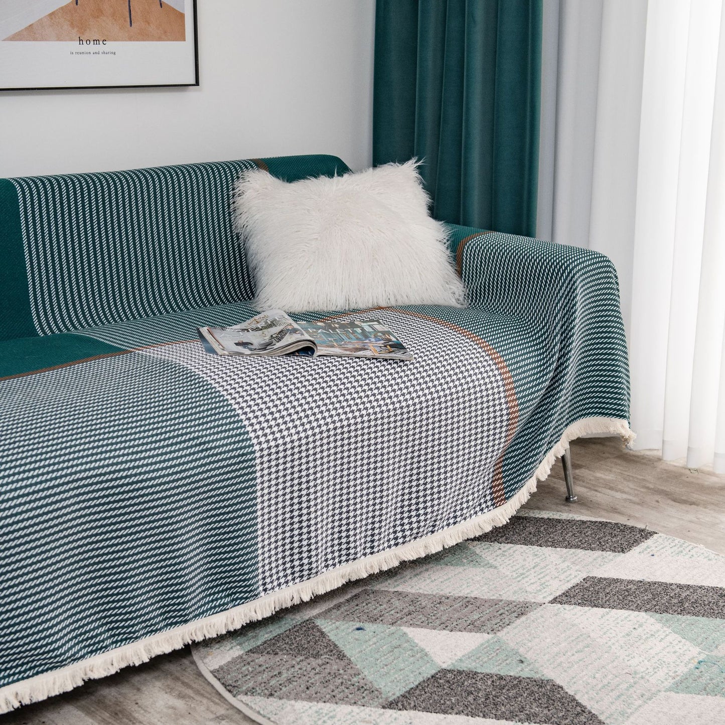 Couch Cover Houndstooth Print, Green Slipcovers for Sofas Cover Chenille Couch Covers for 1/2/3 Cushion Couch Sofa Covers