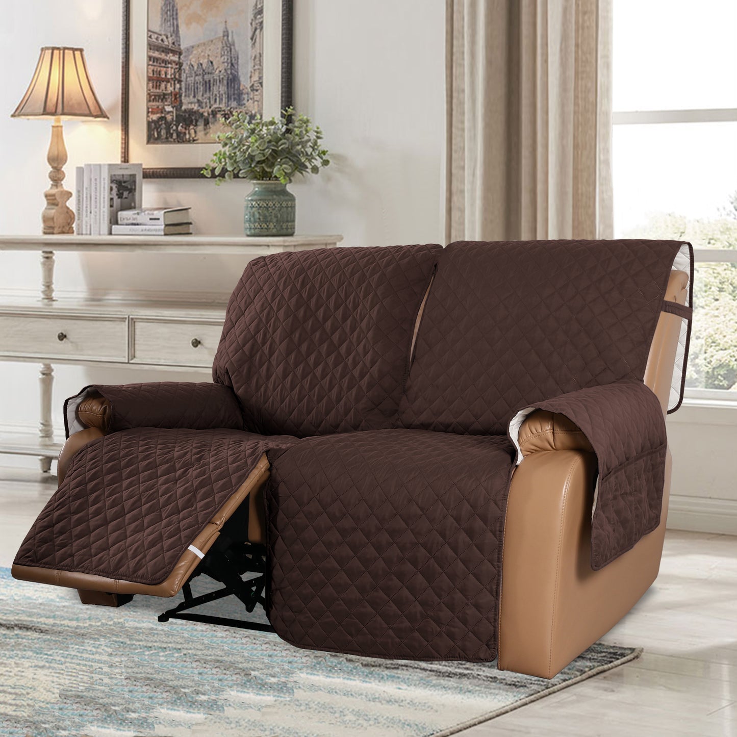 Recliner Sofa Cover with Pocket, Slipcovers Reversible Washable Elastic Adjustable Strap for home(2 Seater ,Brown)