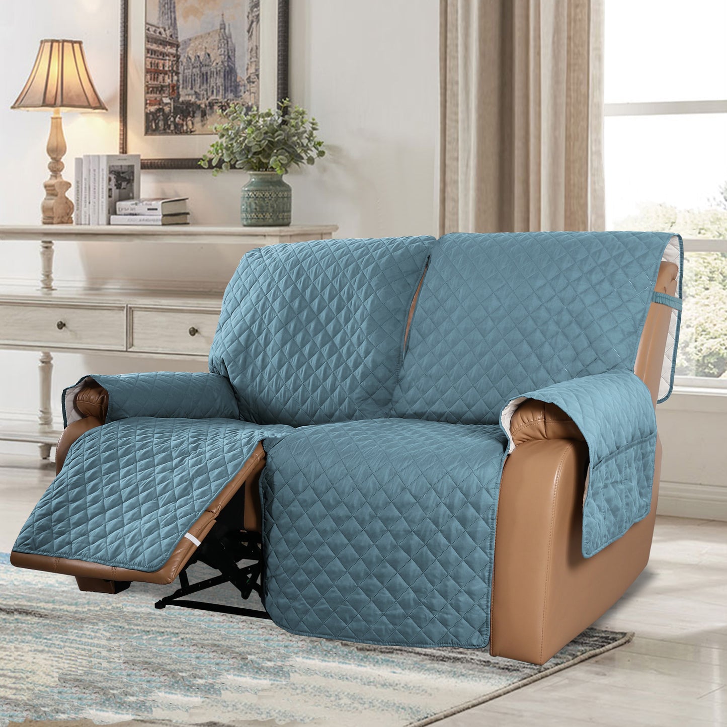 Recliner Sofa Cover with Pocket, Slipcovers Reversible Washable Elastic Adjustable Strap for home(2 Seater,Gray Blue)