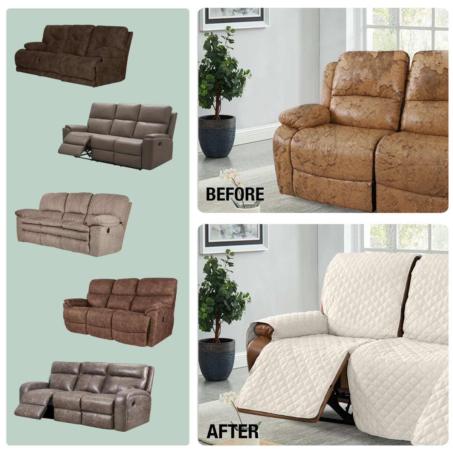 Recliner Sofa Cover with Pocket, Slipcovers Reversible Washable Elastic Adjustable Strap for home(3 Seater,Ivory White）