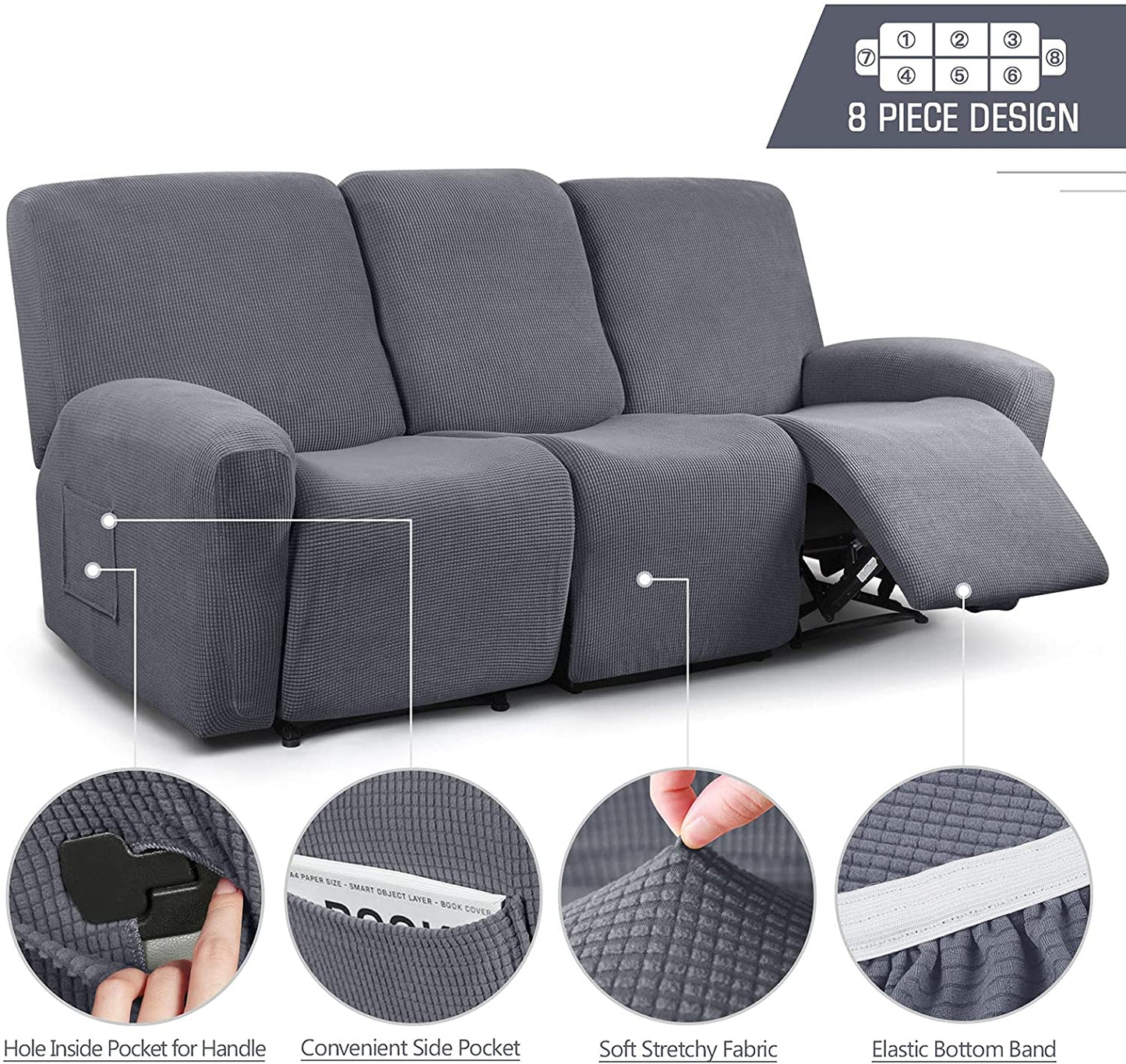 Recliner Sofa Covers Stretch for 1/2/3 Seats Jacquard Pattern Furniture Protector, Grey