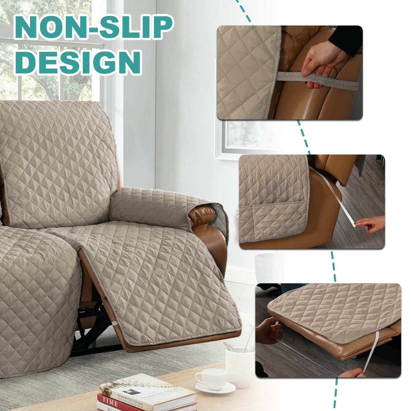 Recliner Sofa Cover with Pocket, Slipcovers Reversible Washable Elastic Adjustable Strap for home(1 Seater,Sand)