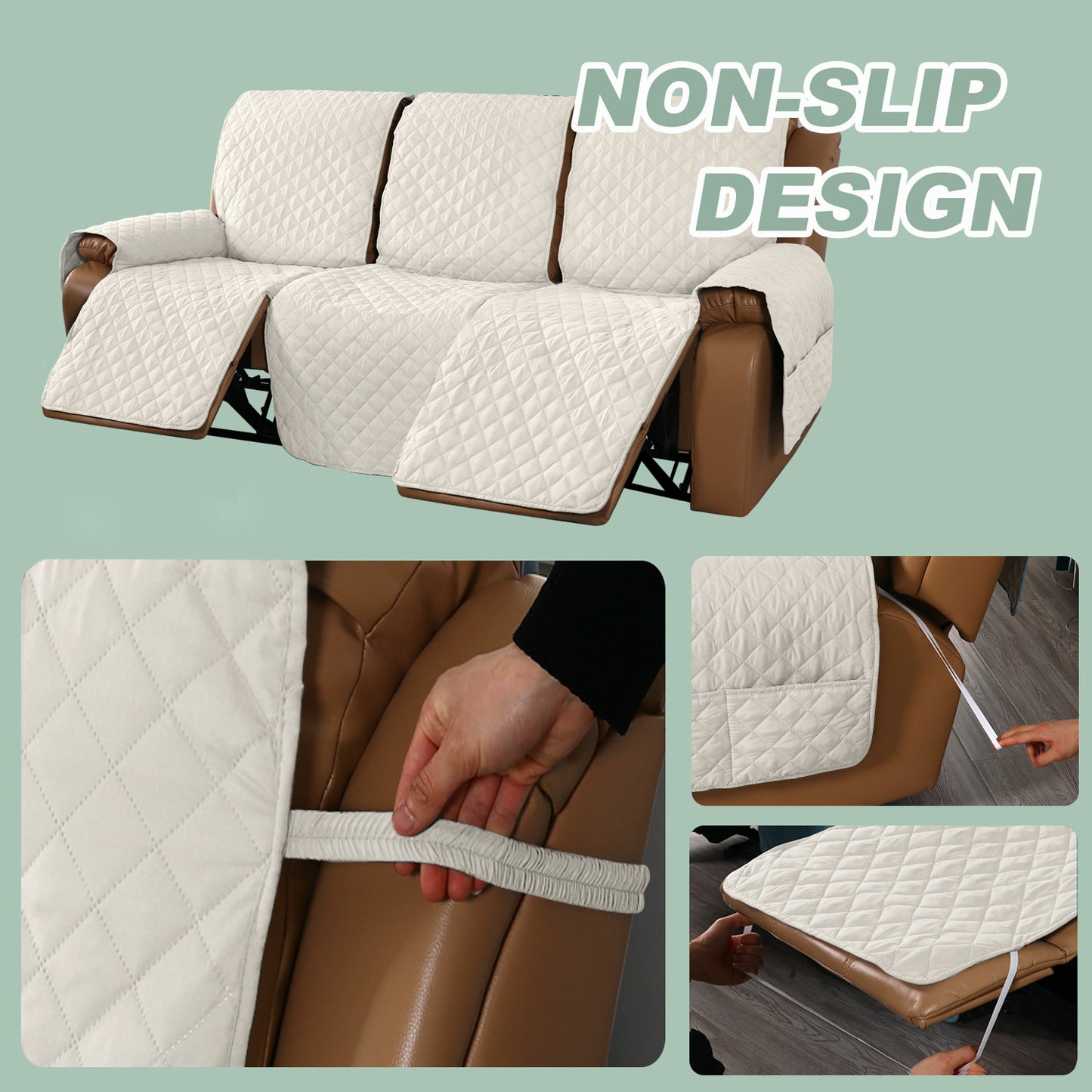 Recliner Sofa Cover with Pocket, Slipcovers Reversible Washable Elastic Adjustable Strap for home(3 Seater,Ivory White）