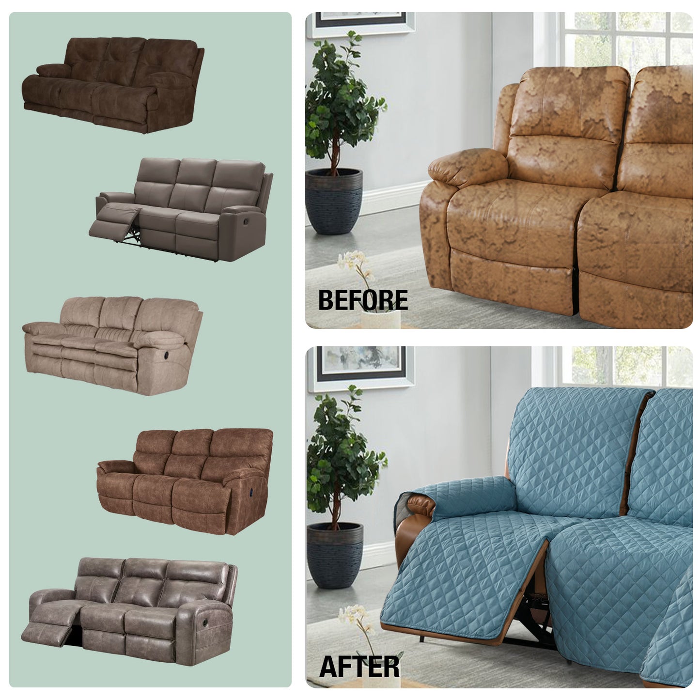 Recliner Sofa Cover with Pocket, Slipcovers Reversible Washable Elastic Adjustable Strap for home(3 Seater, Stone Blue）