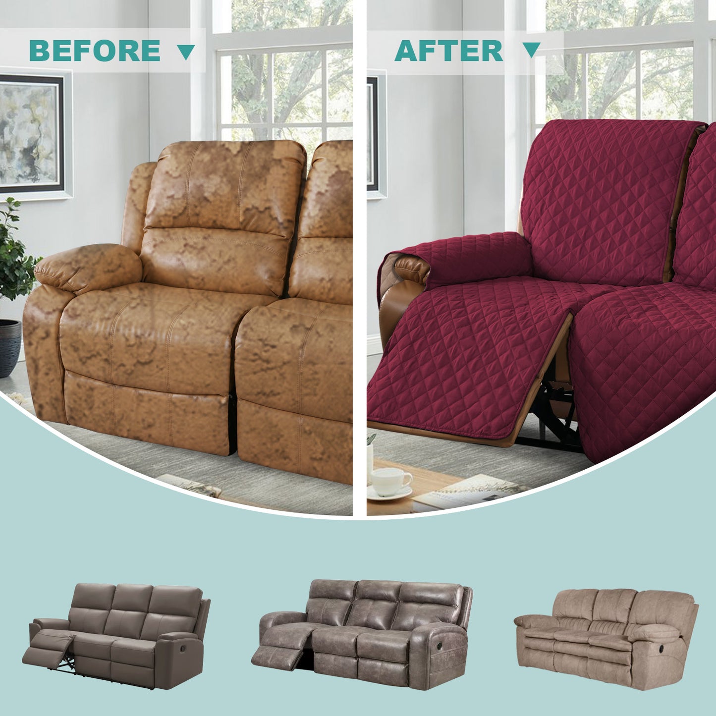 Recliner Sofa Cover with Pocket, Slipcovers Reversible Washable Elastic Adjustable Strap for home(3 Seater,Red）