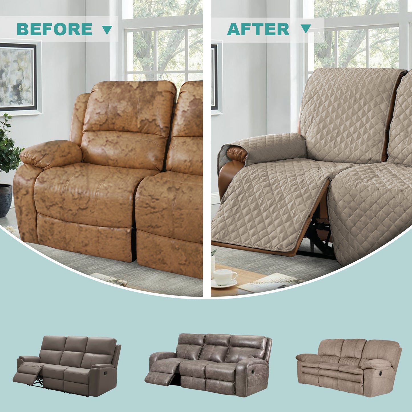 Recliner Sofa Cover with Pocket, Slipcovers Reversible Washable Elastic Adjustable Strap for home(3 Seater,Sand）