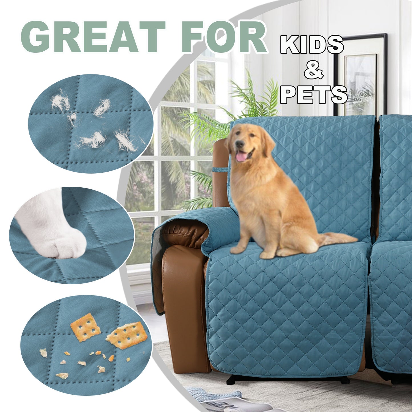 Recliner Sofa Cover with Pocket, Slipcovers Reversible Washable Elastic Adjustable Strap for home(3 Seater, Stone Blue）