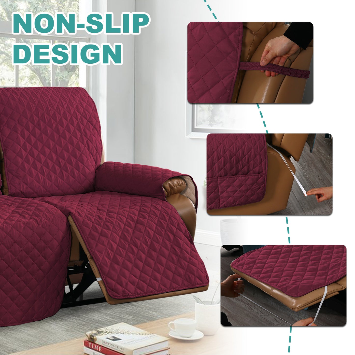 Recliner Sofa Cover for 1/2/3 Seater with Pocket, Slipcovers Reversible Washable Elastic Adjustable Strap for home,Red